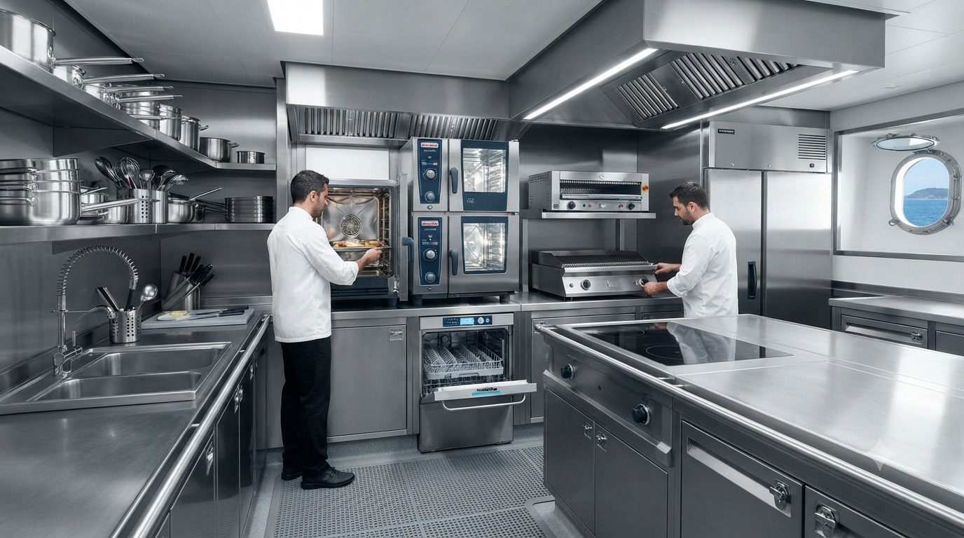 Marine galley equipment for superyacht supply — cooking, refrigeration and preparation equipment ready for shipyard delivery by The Superyacht Galley