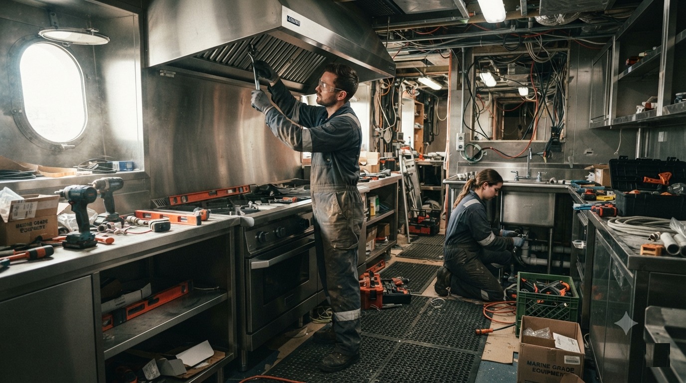 Superyacht galley refit in progress at a European drydock yard, showing stainless steel fabrication being installed in a luxury motor yacht galley