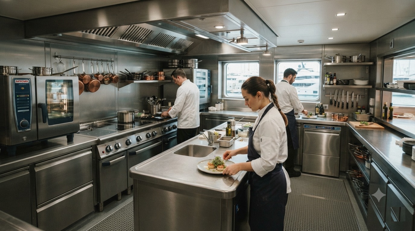 Completed turnkey superyacht galley showing stainless fabrication, professional cooking equipment and integrated ventilation system aboard a luxury motor yacht